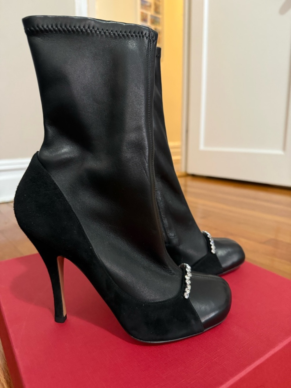 Valentino Black Leather and Suede High Heel Ankle Booties with Crystal Accent